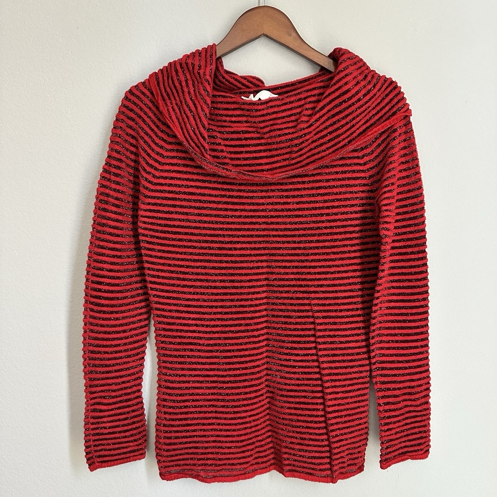 Escada Red Black Metallic Stripe Cowl Neck Sweater Designer Y2K Glam Avant Garde